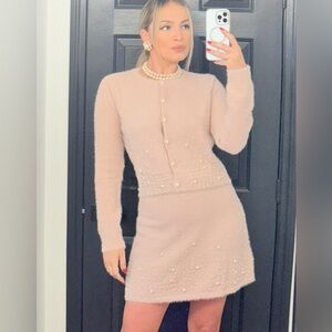‘Emily’ Elegant & Fuzzy Pink Pearl-Embellished Cardigan and Skirt Set NWT